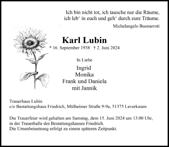 Anzeige von Karl Lubin von  Lokale Informationen 