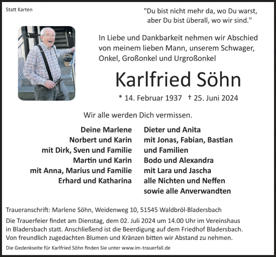 Anzeige von Karlfried Söhn von  Lokalanzeiger 