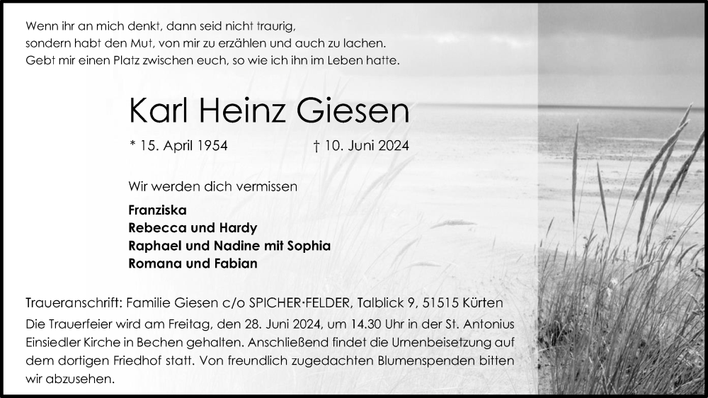  Traueranzeige für Karl Heinz Giesen vom 22.06.2024 aus Kölner Stadt-Anzeiger / Kölnische Rundschau / Express