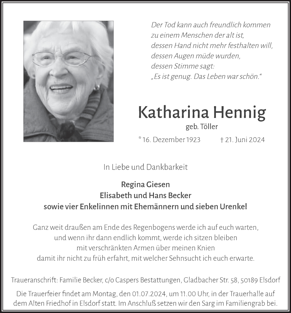 Traueranzeige für Katharina Hennig vom 28.06.2024 aus  Werbepost 