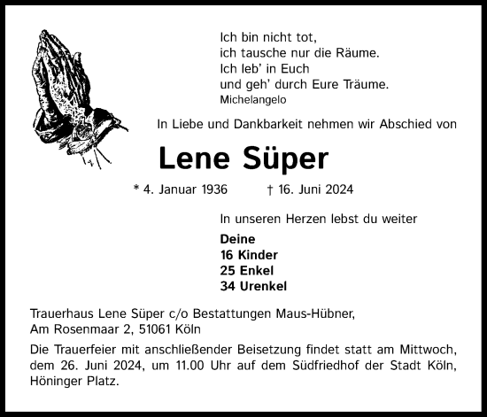 Anzeige von Lene Süper von Kölner Stadt-Anzeiger / Kölnische Rundschau / Express