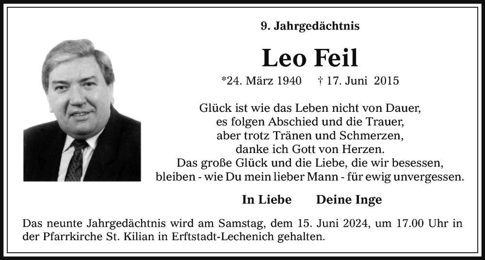  Traueranzeige für Leo Feil vom 18.07.2023 aus  Werbepost 
