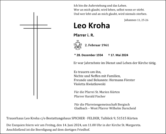 Anzeige von Leo Kroha von Kölner Stadt-Anzeiger / Kölnische Rundschau / Express