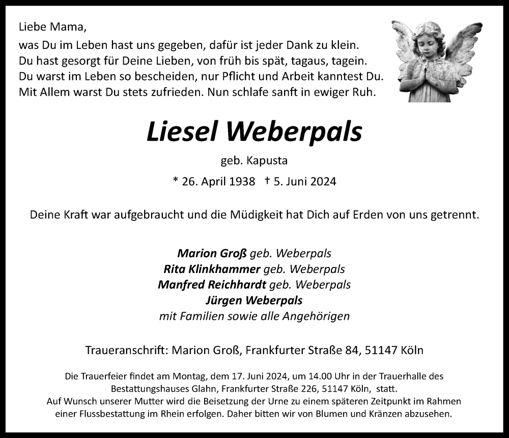  Traueranzeige für Liesel Weberpals vom 14.06.2024 aus  EXPRESS - Die Woche 