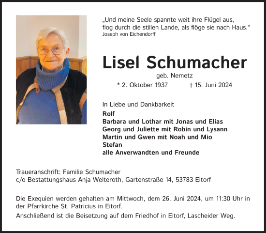 Anzeige von Lisel Schumacher von Kölner Stadt-Anzeiger / Kölnische Rundschau / Express