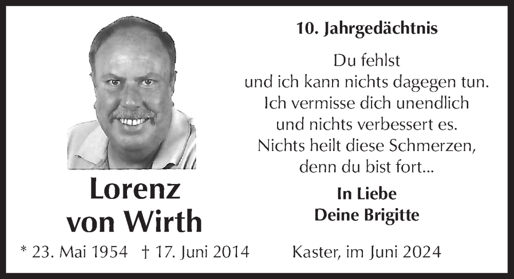  Traueranzeige für Lorenz von Wirth vom 18.07.2023 aus  Werbepost 