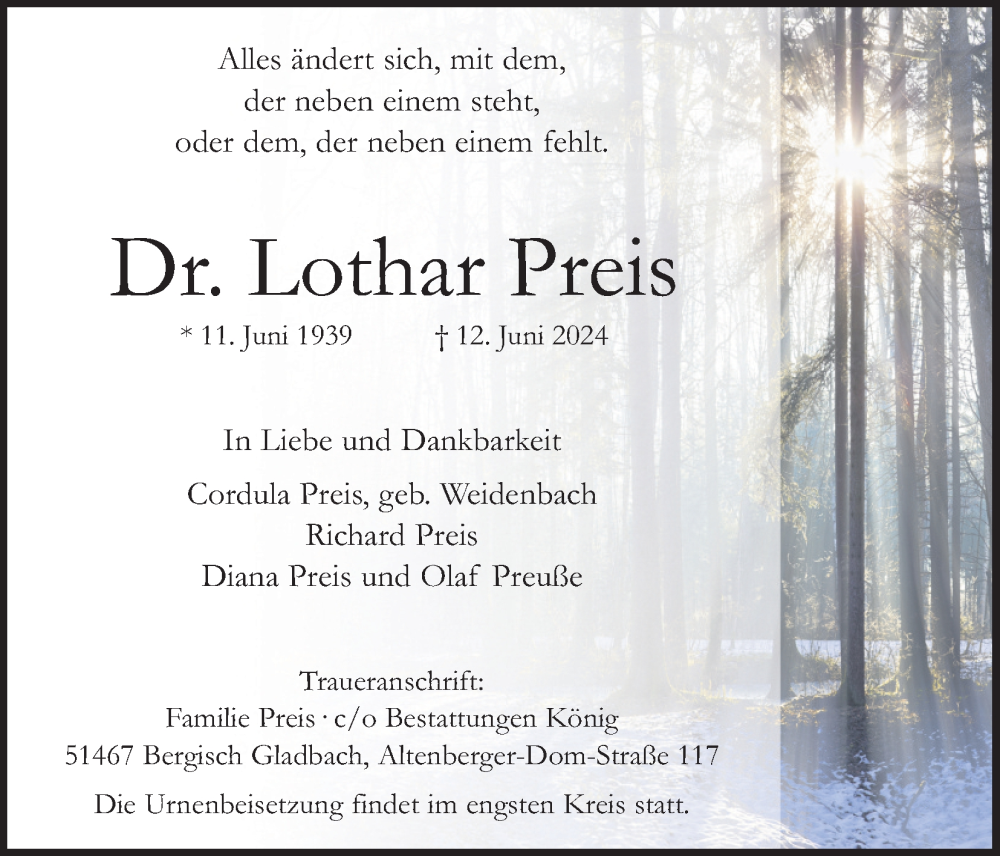  Traueranzeige für Lothar Preis vom 22.06.2024 aus Kölner Stadt-Anzeiger / Kölnische Rundschau / Express
