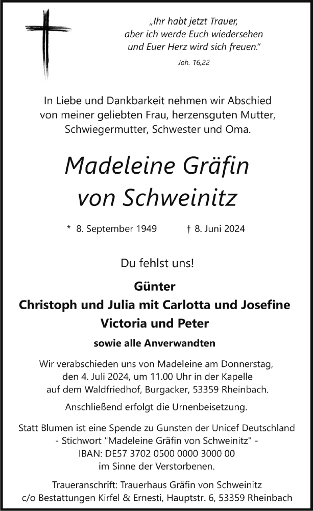  Traueranzeige für Madeleine Gräfin von Schweinitz vom 21.06.2024 aus  Schaufenster/Blickpunkt 