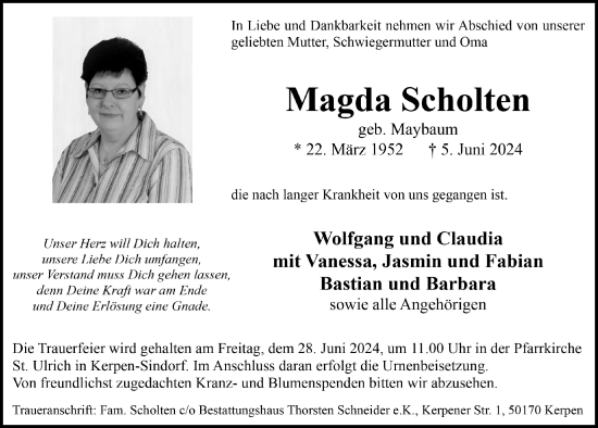 Anzeige von Magda Scholten von  Werbepost 