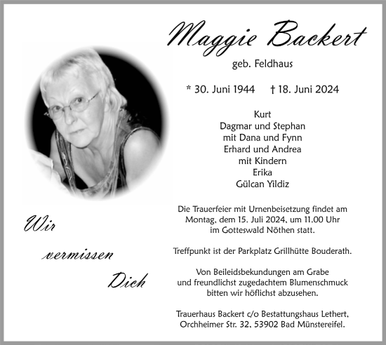 Anzeige von Maggie Backert von  Blickpunkt Euskirchen 