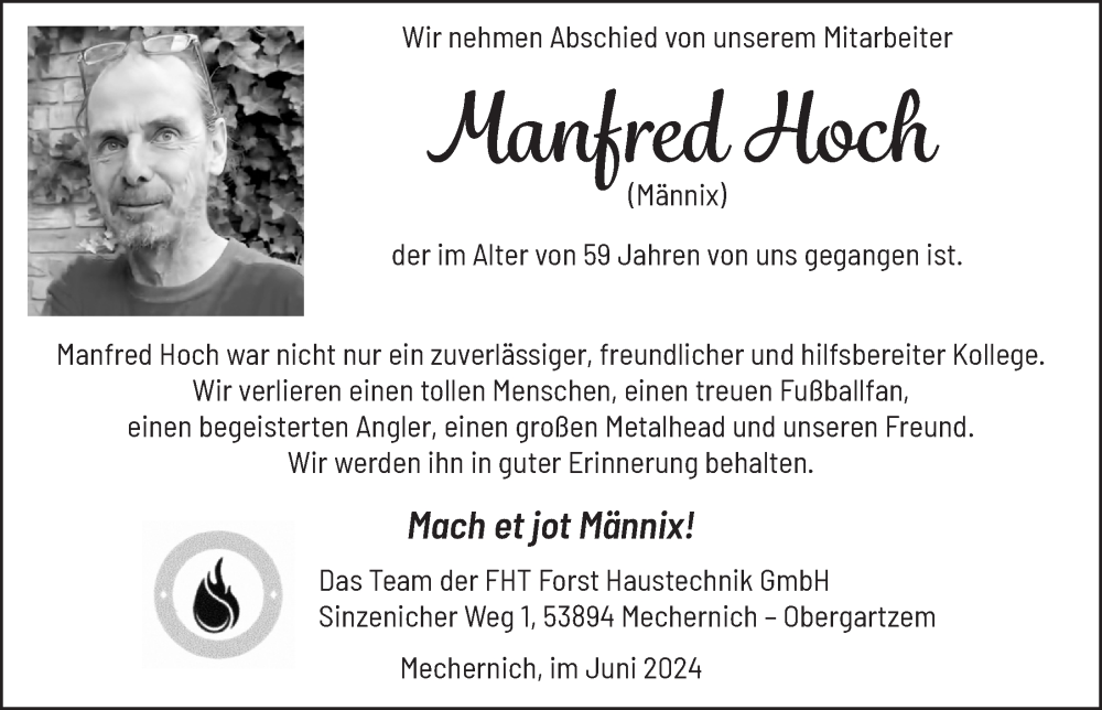  Traueranzeige für Manfred Hoch vom 29.06.2024 aus  Blickpunkt Euskirchen 