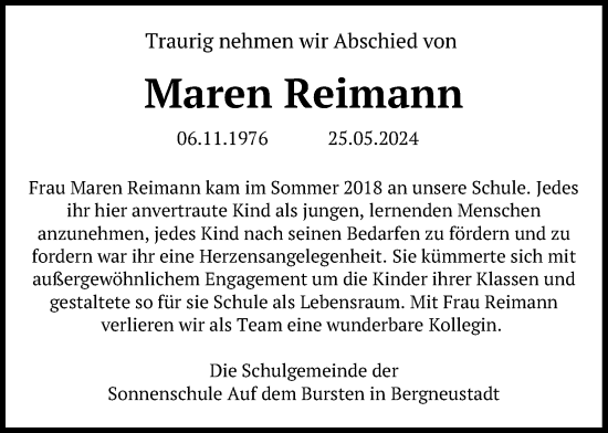 Anzeige von Maren Nina Reimann von Kölner Stadt-Anzeiger / Kölnische Rundschau / Express