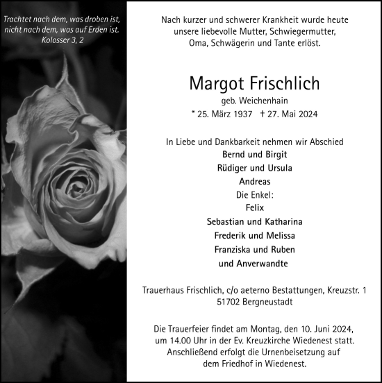 Anzeige von Margot Frischlich von  Anzeigen Echo 