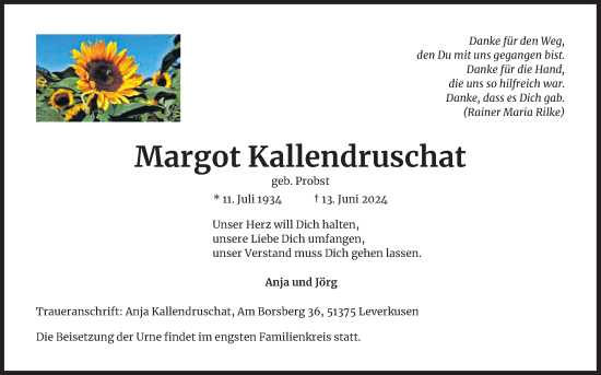 Anzeige von Margot Kallendruschat von Kölner Stadt-Anzeiger / Kölnische Rundschau / Express