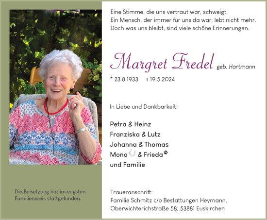 Anzeige von Margret Fredel von  Blickpunkt Euskirchen 