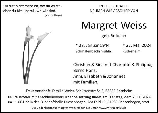 Anzeige von Margret Weiss von  Lokalanzeiger 