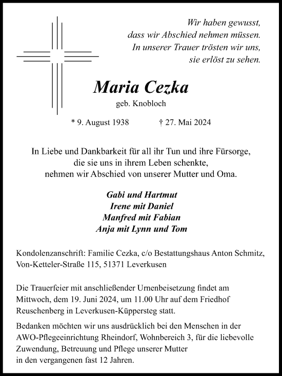 Anzeige von Maria Cezka von Kölner Stadt-Anzeiger / Kölnische Rundschau / Express