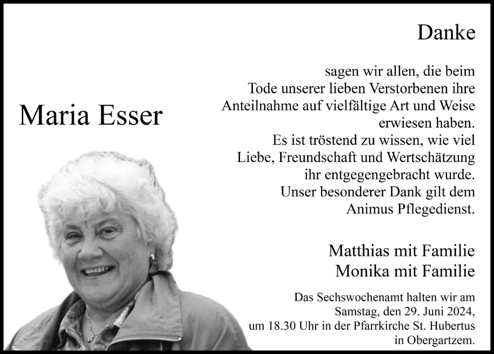  Traueranzeige für Maria Esser vom 15.06.2024 aus  Blickpunkt Euskirchen 
