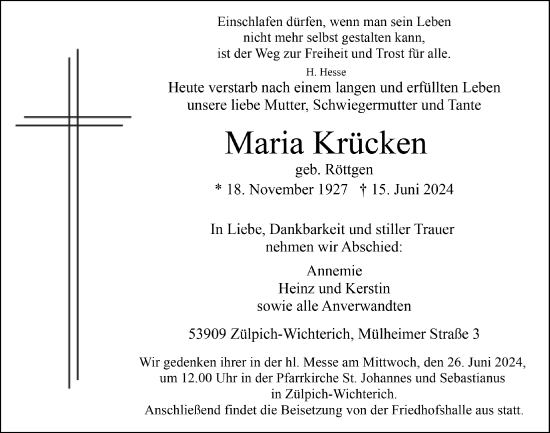 Anzeige von Maria Krücken von  Blickpunkt Euskirchen 