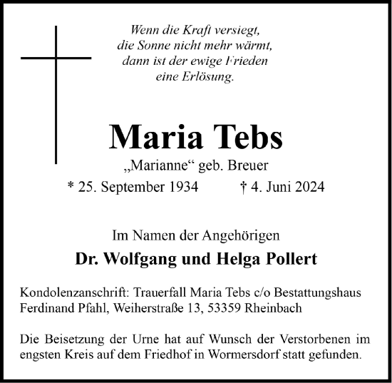 Anzeige von Maria Tebs von  Schaufenster/Blickpunkt 