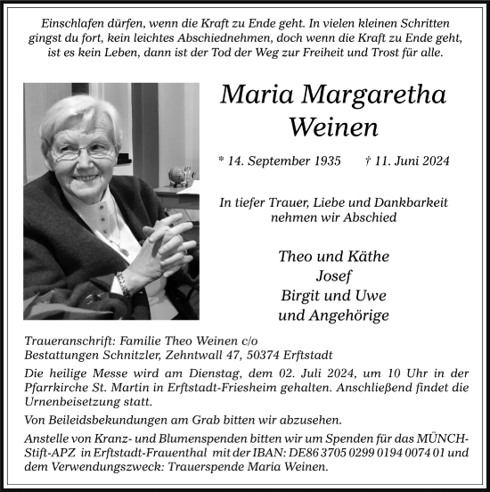 Anzeige von Maria Margaretha Weinen von  Werbepost 