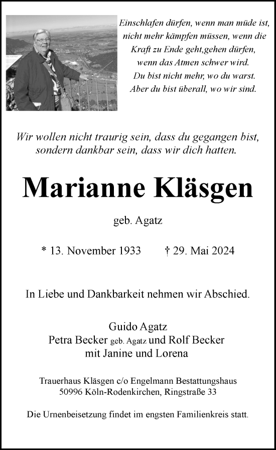 Anzeige von Marianne Kläsgen von  EXPRESS - Die Woche 