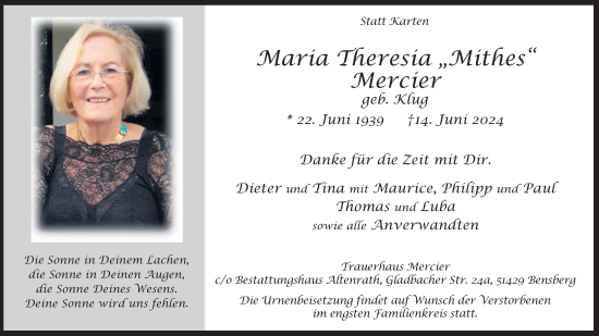 Anzeige von Maria Theresia Mercier von Kölner Stadt-Anzeiger / Kölnische Rundschau / Express