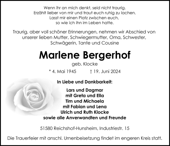 Anzeige von Marlene Bergerhof von  Anzeigen Echo 