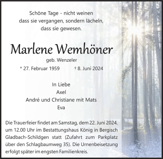 Anzeige von Marlene Wemhöner von  Bergisches Handelsblatt 