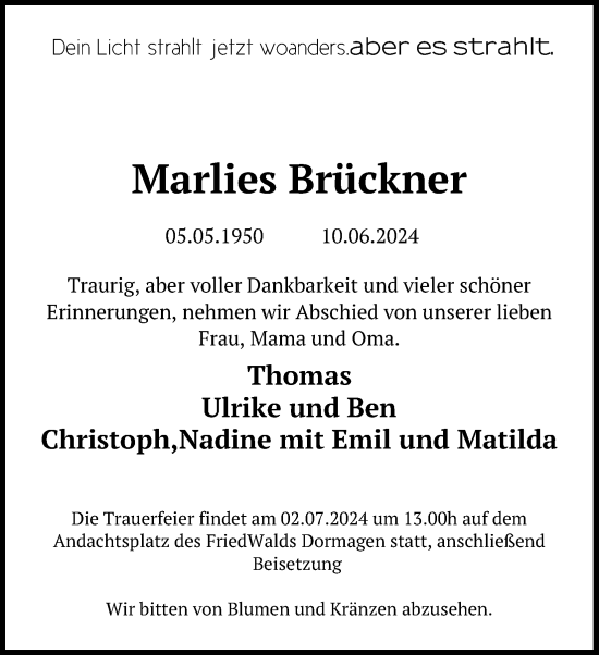 Anzeige von Marlies Brückner von Kölner Stadt-Anzeiger / Kölnische Rundschau / Express