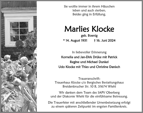 Anzeige von Marlies Klocke von  Anzeigen Echo 