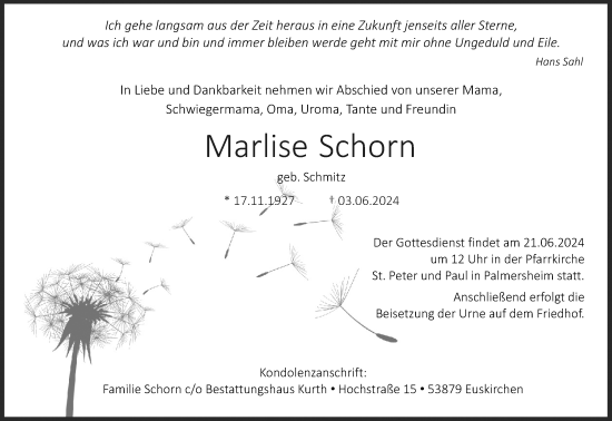 Anzeige von Marlise Schorn von Kölner Stadt-Anzeiger / Kölnische Rundschau / Express