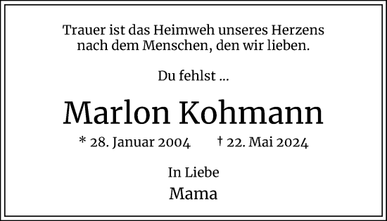 Anzeige von Marlon Kohmann von Kölner Stadt-Anzeiger / Kölnische Rundschau / Express