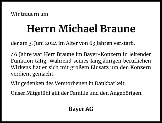 Anzeige von Michael Braune von Kölner Stadt-Anzeiger / Kölnische Rundschau / Express