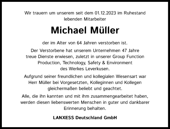 Anzeige von Michael Müller von Kölner Stadt-Anzeiger / Kölnische Rundschau / Express