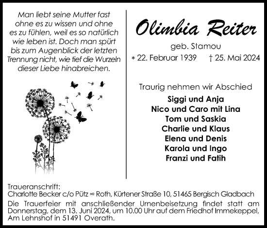 Anzeige von Olimbia Reiter von Kölner Stadt-Anzeiger / Kölnische Rundschau / Express
