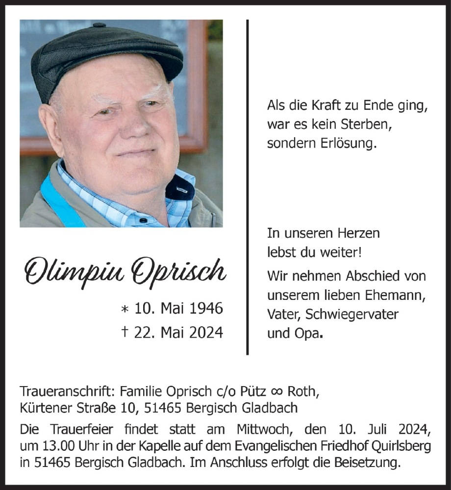  Traueranzeige für Olimpiu Opisch vom 21.06.2024 aus  Bergisches Handelsblatt 