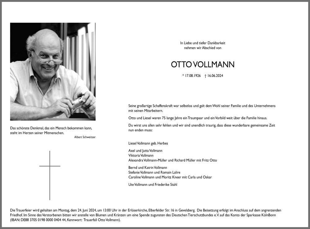  Traueranzeige für Otto Vollmann vom 22.06.2024 aus Kölner Stadt-Anzeiger / Kölnische Rundschau / Express