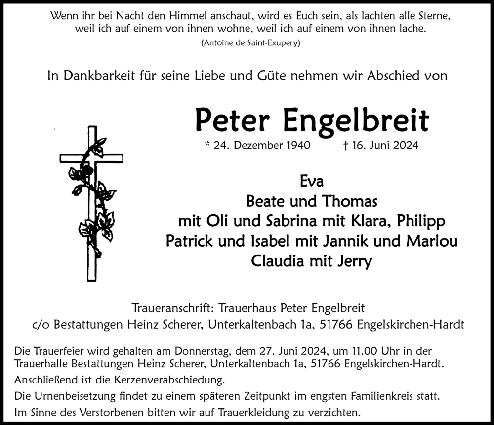  Traueranzeige für Peter Engelbreit vom 21.06.2024 aus  Anzeigen Echo 