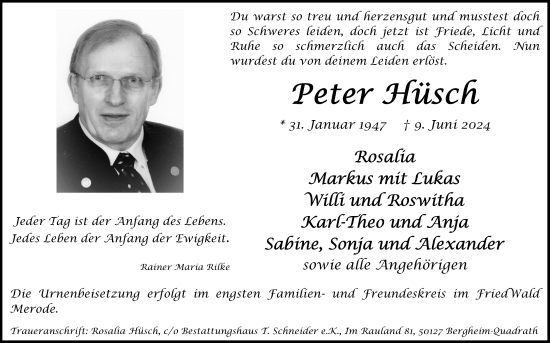 Anzeige von Peter Hüsch von Kölner Stadt-Anzeiger / Kölnische Rundschau / Express