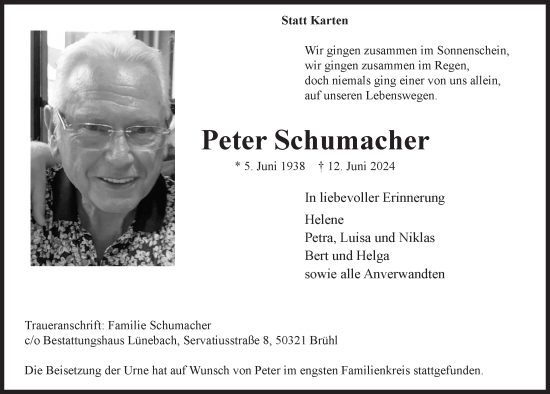 Anzeige von Peter Schumacher von  Schlossbote/Werbekurier 