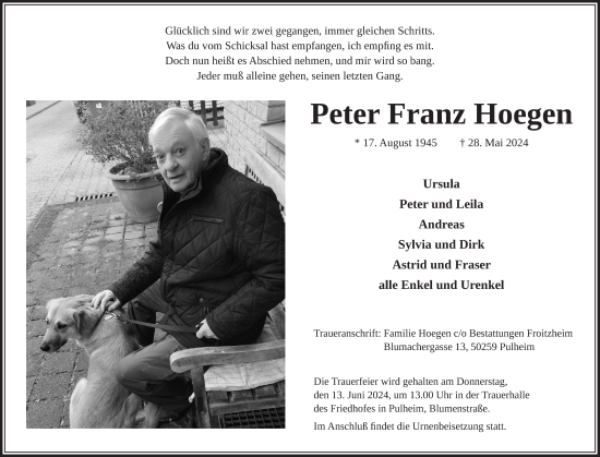 Anzeige von Peter Franz Hoegen von  Wochenende 