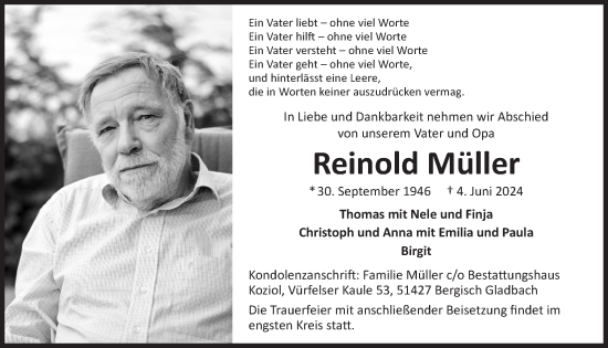 Anzeige von Reinold Müller von  Bergisches Handelsblatt 