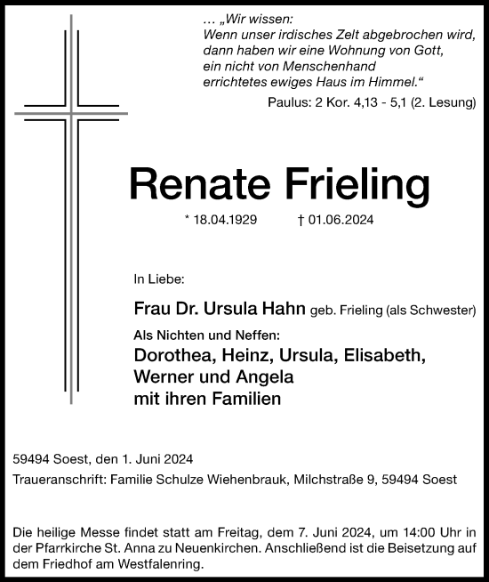 Anzeige von Renate Frieling von Kölner Stadt-Anzeiger / Kölnische Rundschau / Express