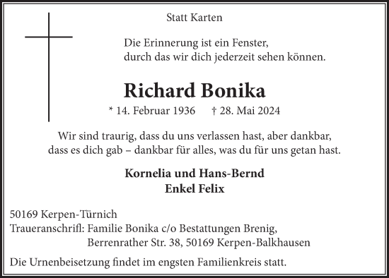 Anzeige von Richard Bonika von  Werbepost 