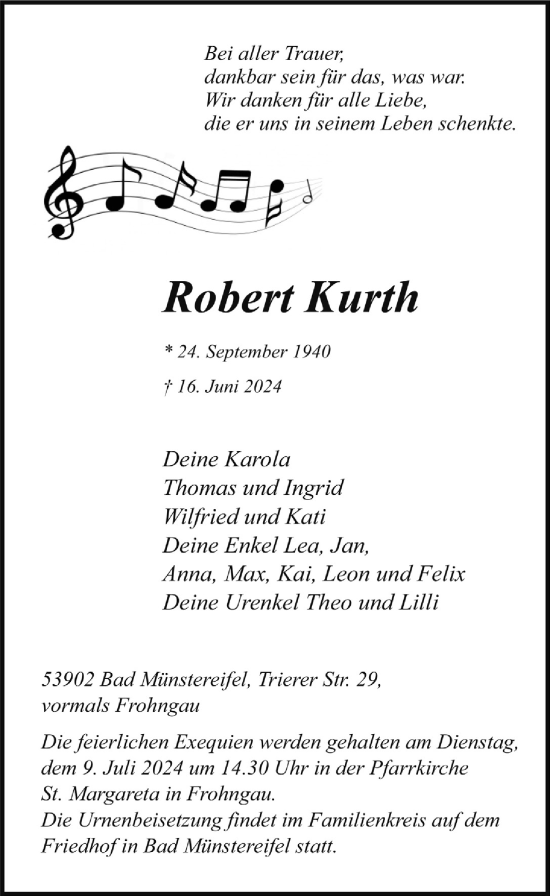 Anzeige von Robert Kurth von  Blickpunkt Euskirchen 