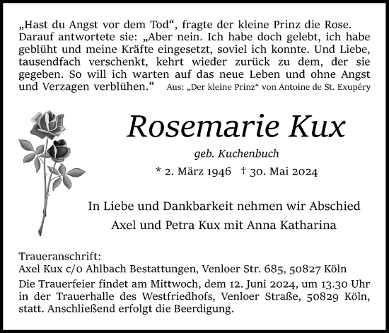 Anzeige von Rosemarie Kux von Kölner Stadt-Anzeiger / Kölnische Rundschau / Express