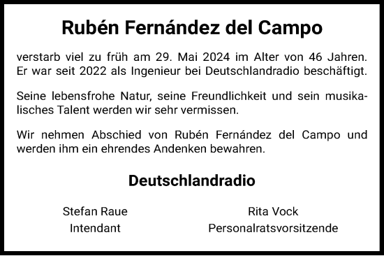 Anzeige von Ruben Fernandez del Campo von Kölner Stadt-Anzeiger / Kölnische Rundschau / Express