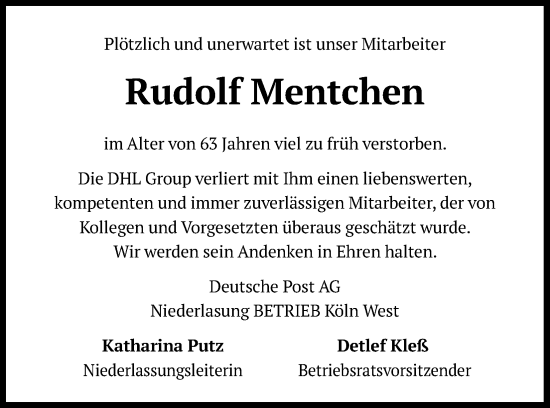 Anzeige von Rudolf Mentchen von Kölner Stadt-Anzeiger / Kölnische Rundschau / Express