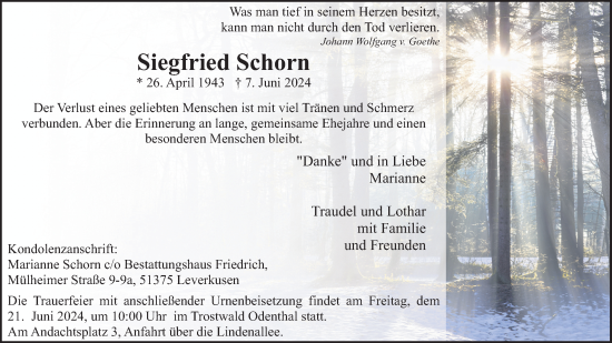 Anzeige von Siegfried Schorn von Kölner Stadt-Anzeiger / Kölnische Rundschau / Express